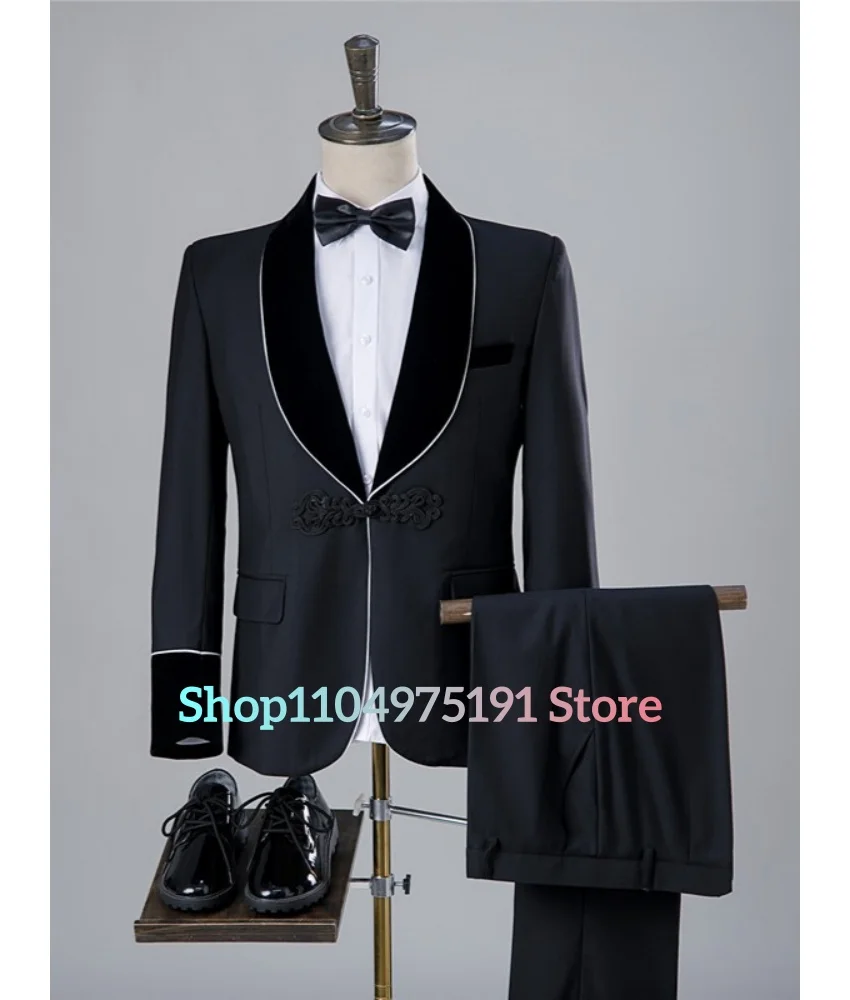 طقم بدلة سوداء للرجال عالي الجودة مع أزرار عقدة صينية حمراء رسمية بقصة ضيقة لحفلات الزفاف والمناسبات، فساتين الحفلات #2
