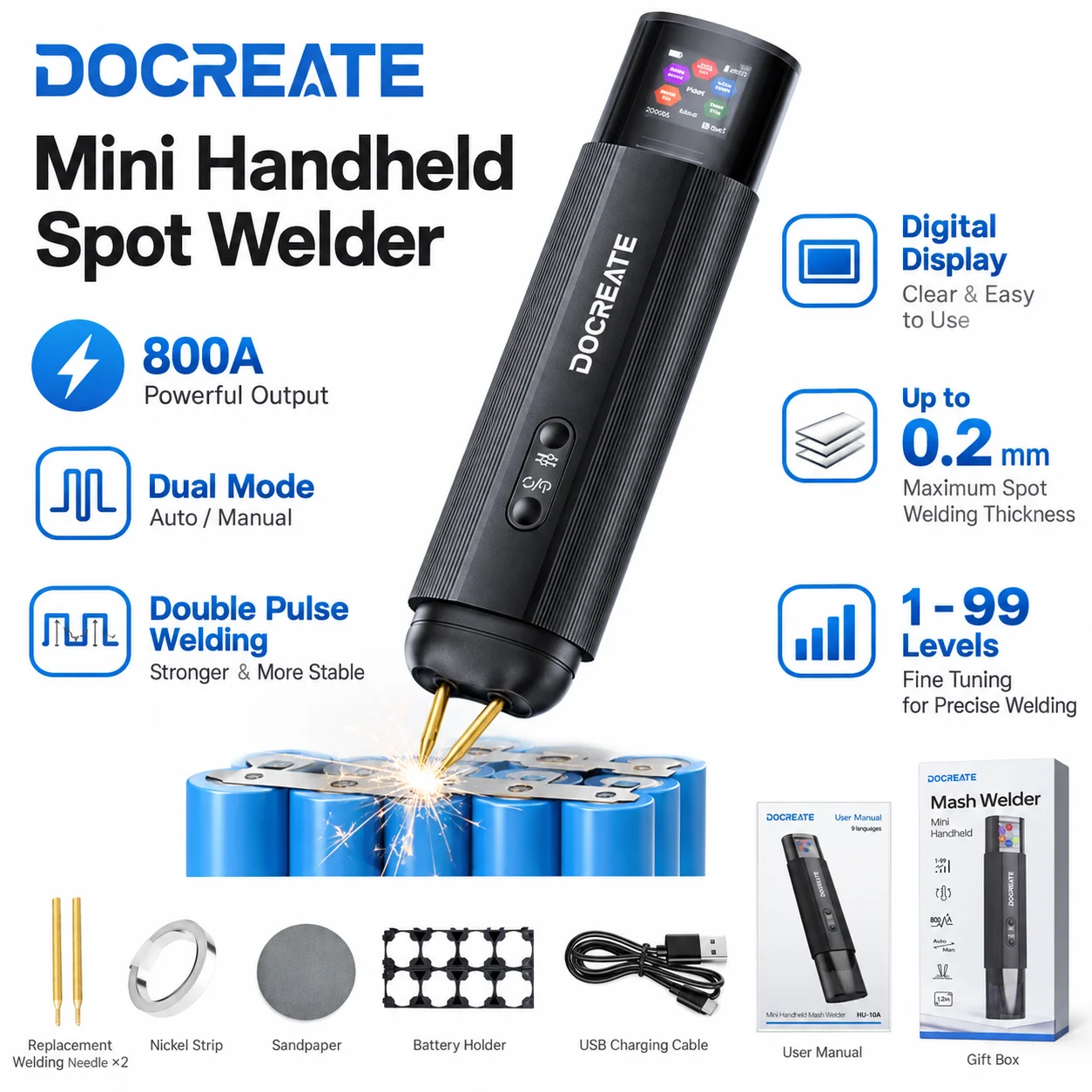DOCREATE: saldatrice portatile a impulsi per batterie 18650, 99 livelli di regolazione, schermo a colori da 1,3 pollici, potenza di 800 A, per saldare strisce di nichel fino a 0,2 mm.