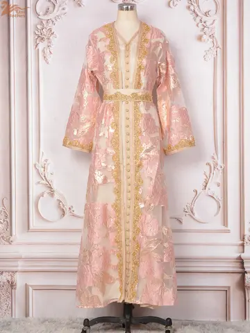 Marockansk kaftan 2-delat set muslimsk dubai abaya kaftan för bröllop kvinnor 2024 nya blommönster museum långklänning kläder 10 best sales Marockansk brudklänning - №3