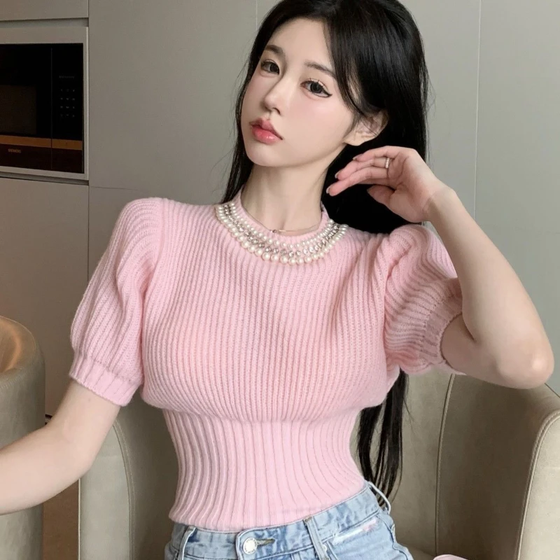 Pullovers Women Pink Puff Sleeve Solid All-match Pearls Sweet O-neck Autumn Slim Fashion Ulzzang Preppy Style Popular Casual New