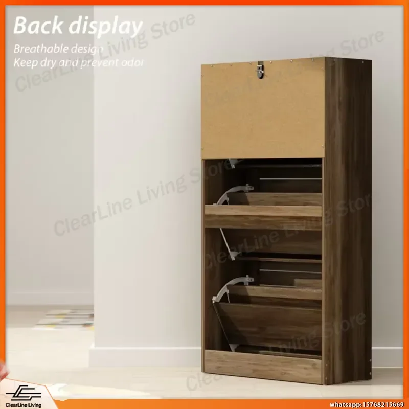 3 Door Wooden Brown Shoe Cabinet with Shutter Doors Drawers Adjustable Shelves Entryway Storage Organizer Hallway Shoe Rack