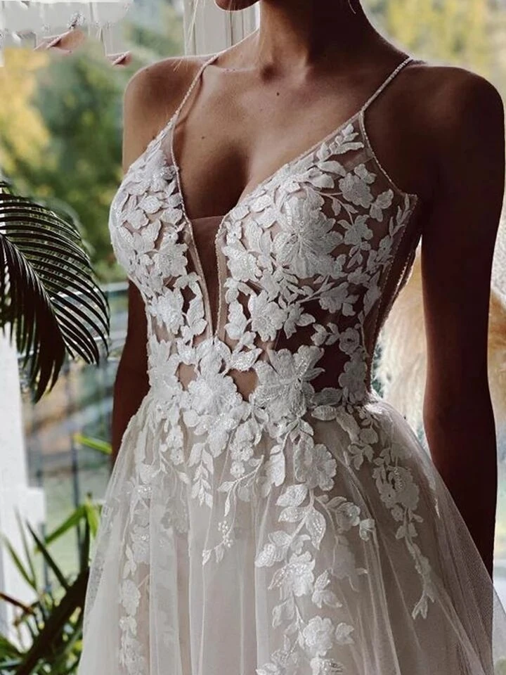 Vestido de novia Vintage de encaje de tul largo, Vestido de novia de playa de ilusión transparente, línea A, tren de corte, cuello en V, 2023