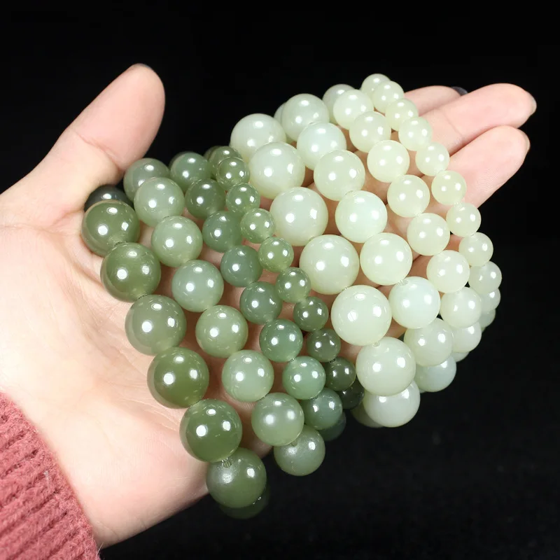 

Natural hetian jade handcarved round beads for couples woman men beads bracelet with jade bracelet 8mm 10mm 12mm 14mm