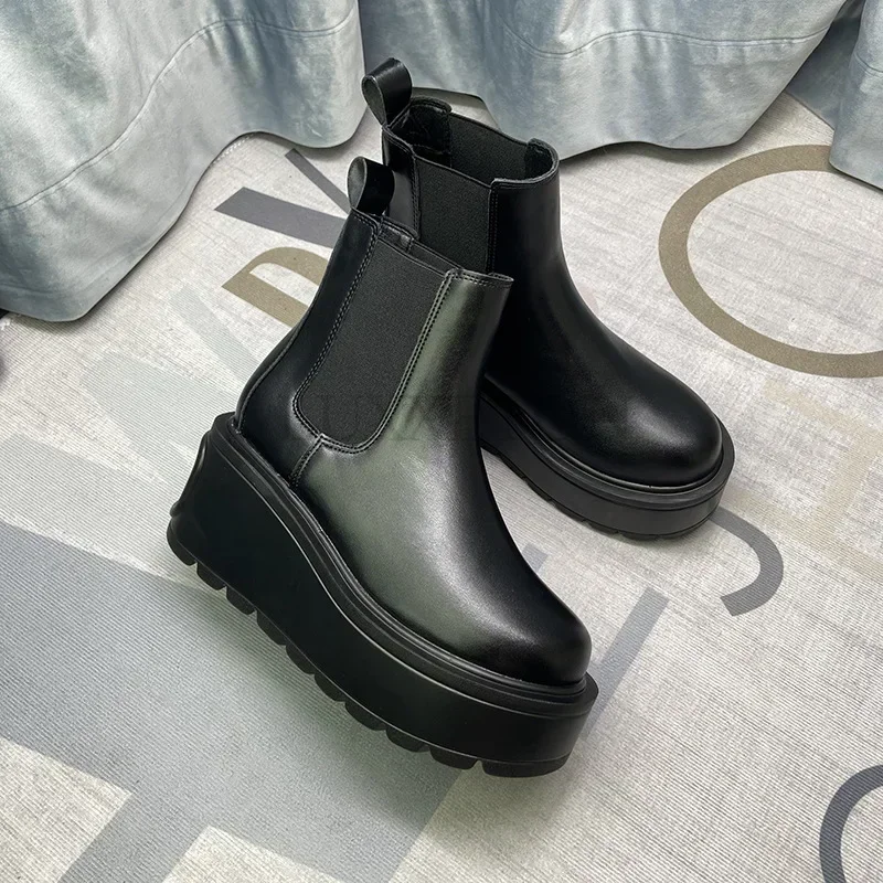 Botas de plataforma chelsea para mulheres, sapatos góticos punk chunky, marrom, preto, curto, outono, inverno, novo, 2023