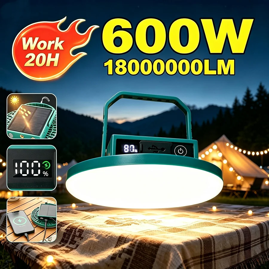 Solar Rechargeable LED Camping Lantern with Magnet Hook Strong Light Portable Tent Lights Work Repair Emergency Camping Lighting