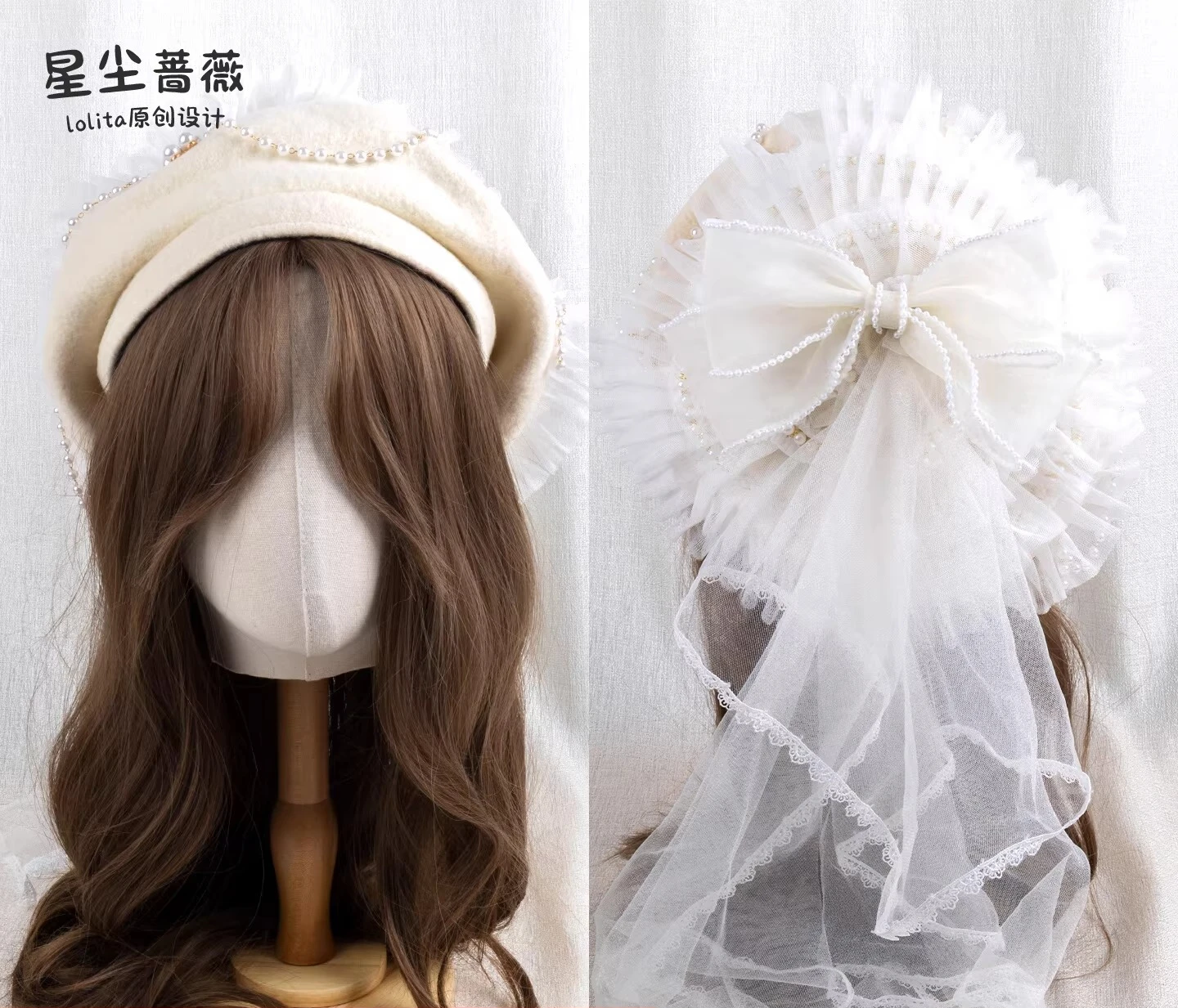 Japanese Handmade Original Design Lace Bow Lolita Lace Ruffle Edge Bow Beret Sweet  Cute Flower Wedding Handmade Headdress Hat