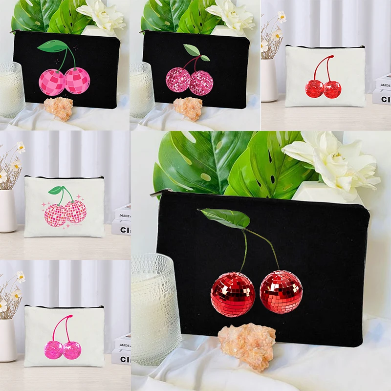 Kawaii Retro Canvas Makeup Bag para Mulheres e Meninas, bonito Ulzzang Bag, Padrão Doce Cereja, Estojo Cosmético, Armazenamento, Carteira, Ins