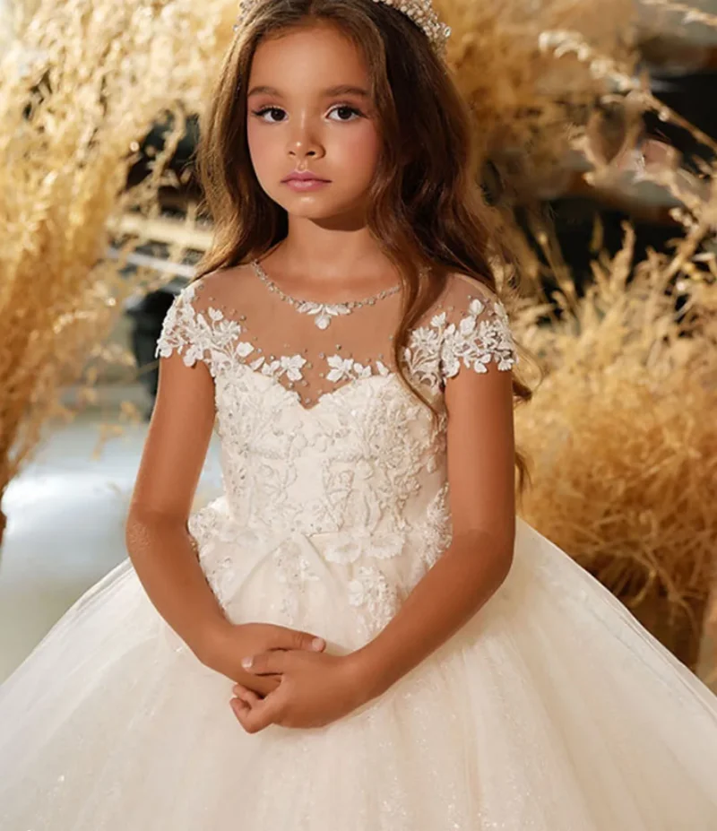 Ivory White Sparkly Flower Girl Dress for Wedding Tulle Party Prom Gown Kids First Communion Dress with Long Train