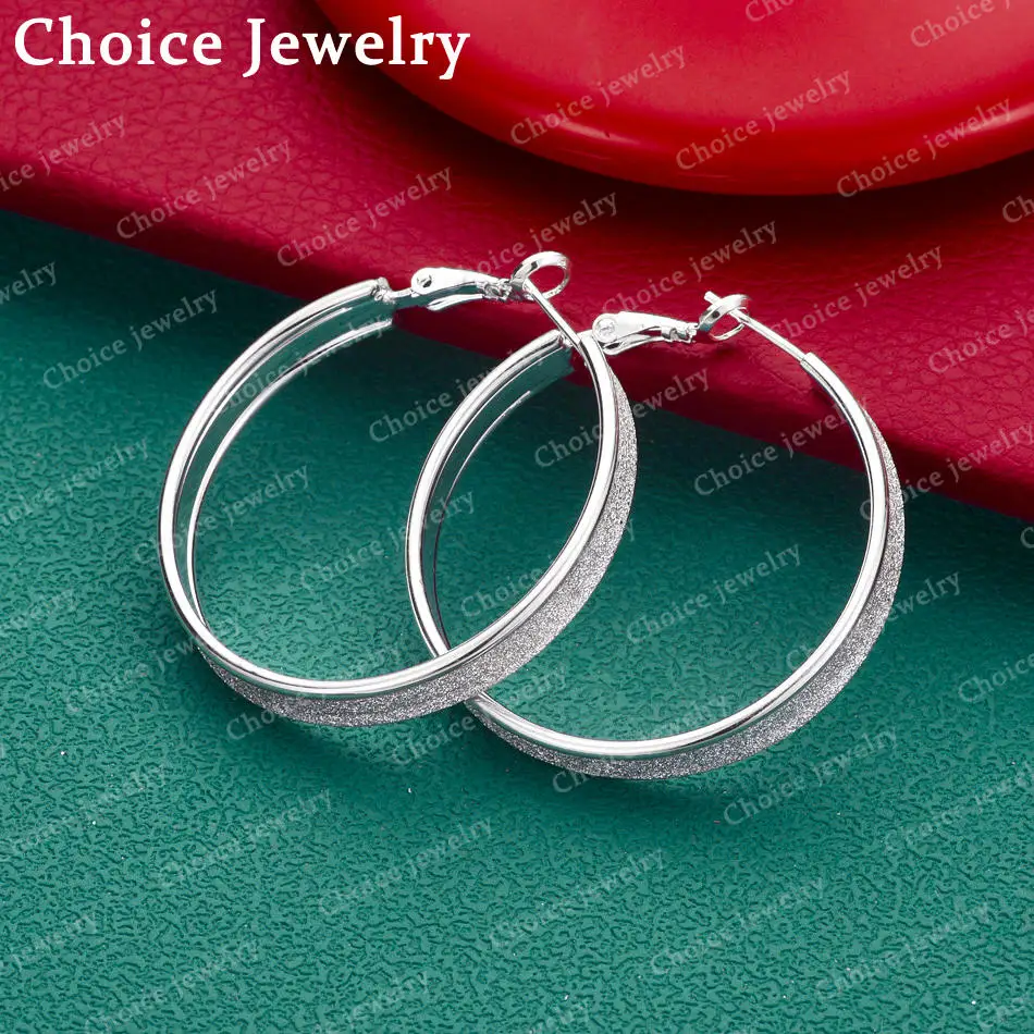 

925 Sterling Silver 37mm Frosted Big Circle Hoop Earrings For Women Luxury Fashion Jewelry Party Wedding Accessories Gift
