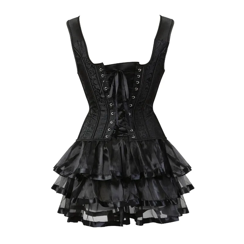 Gothic Sexy Shoulder Strap Corset Bustier Dress Overbust Corsets and Skirt Set Tutu Corselet Women Vintage Burlesque Costume