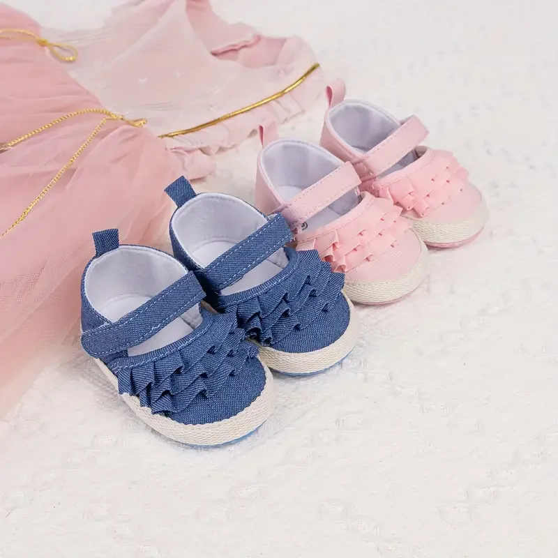 Spring and Autumn 0-18M Baby Girl Princess Flat Shoes Preschool Children's All Cotton Soft Bottom Lace First Anti slip Pre walk