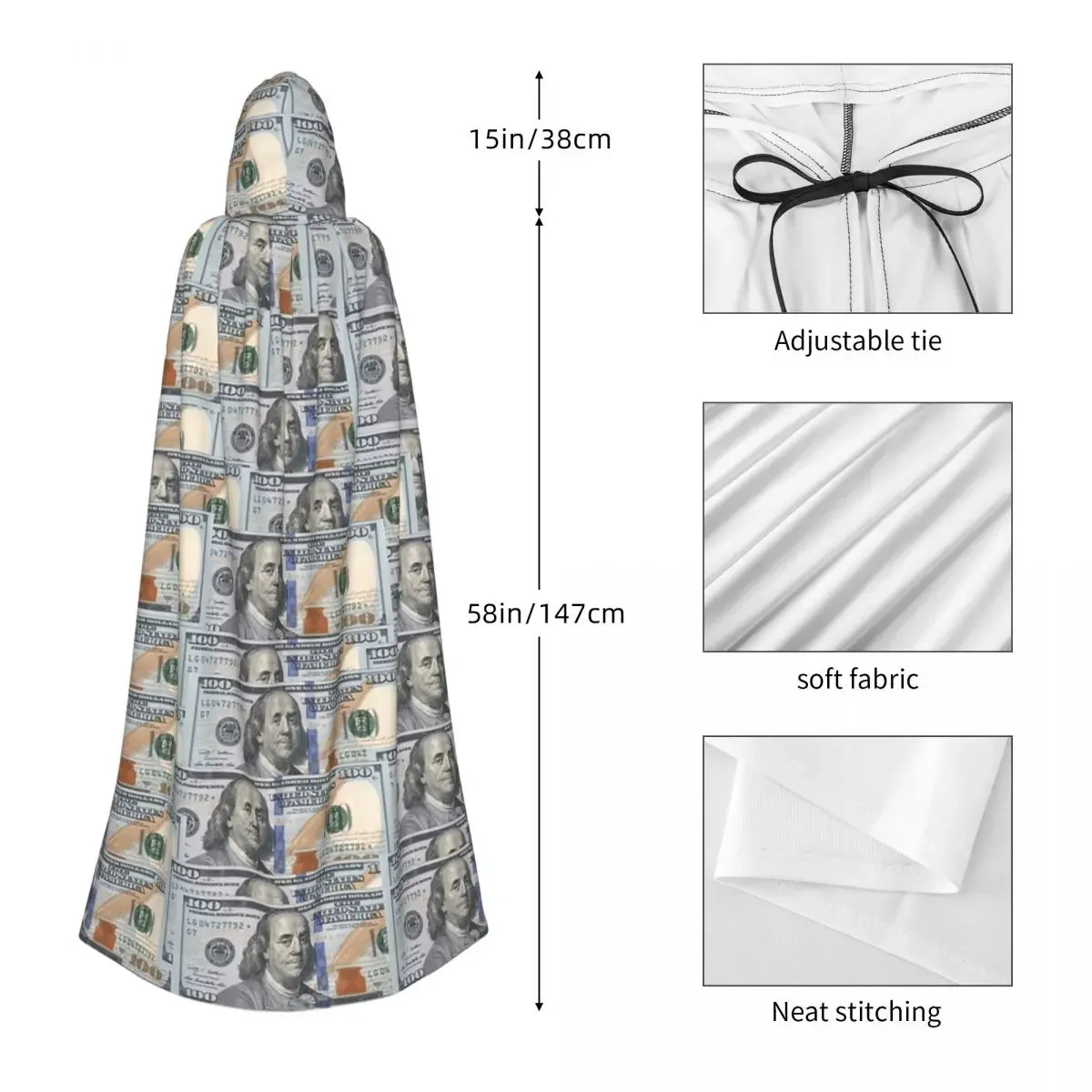 Rich Money Novelty Dollars Long Hooded Cloak Witch Medieval Costume Cosplay Cape HalloweenVampire Adult Unisex