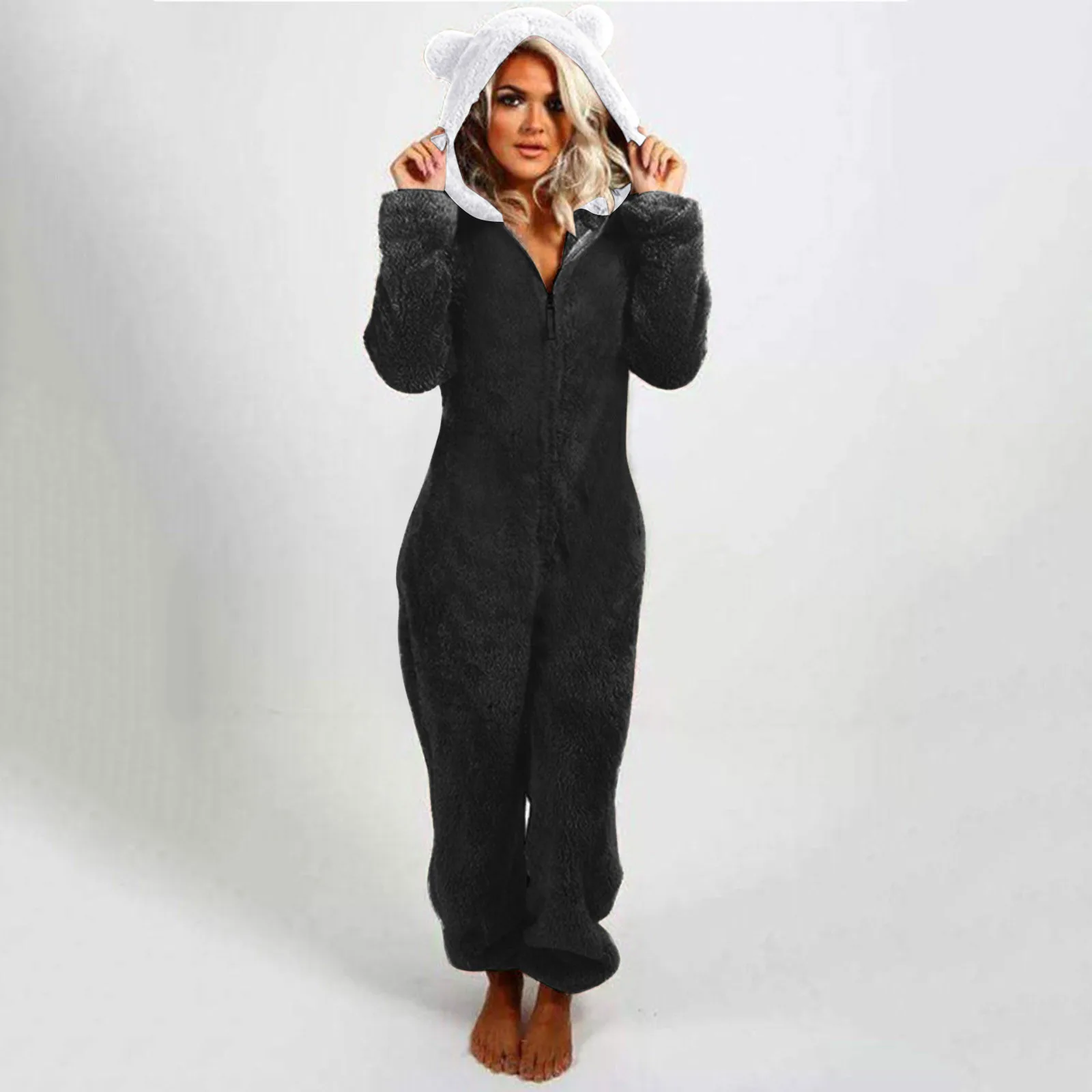 Large Size Women's One-Piece Pajamas Casual Solid Color Zipper Loose Hooded Jumpsuit Winter Warm Comfortable Home Wear