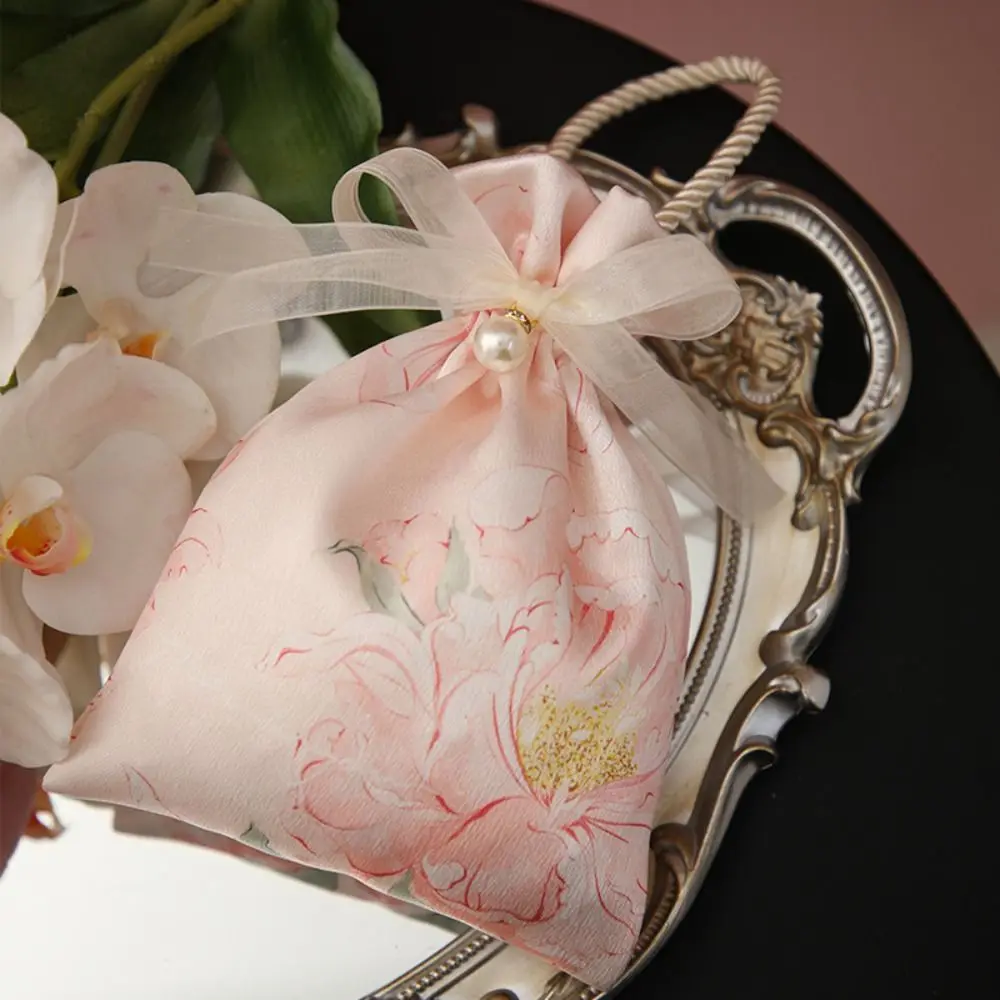Flower Canvas Drawstring Bag Korean Style Pearl Pendant Canvas Knot Wrist Bag Jewelry Packing Bag Bucket Bag Wedding Candy Bag