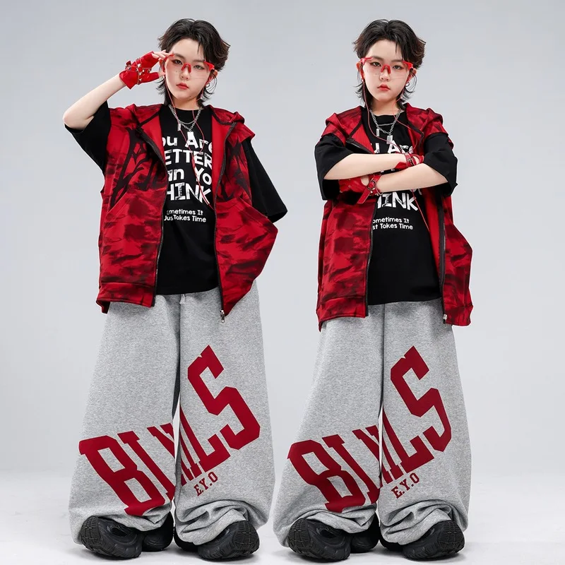 

Boys Hip Hop Clothes Set Hooded Vest Black T Shirt Loose Pants Cool K-pop Streetwear Group Jazz Dance Stage Performance Costume