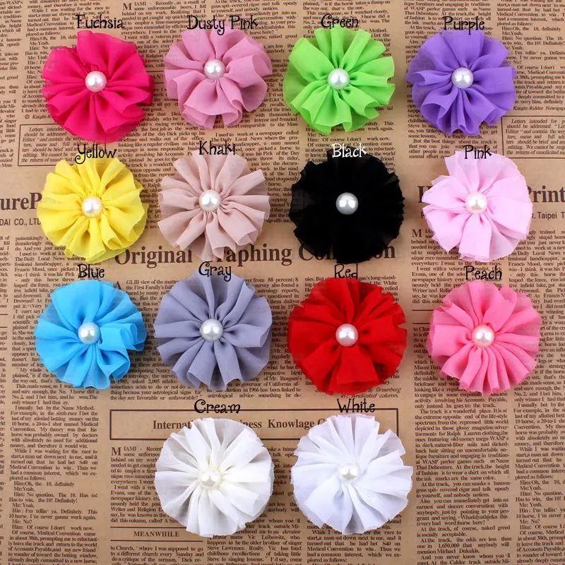 10pcs/lot 6.5cm14colors Ruffled Ballerina Chiffon Flower With Pearl For Hair Accessories Artificial Fabric Flowers For Headband