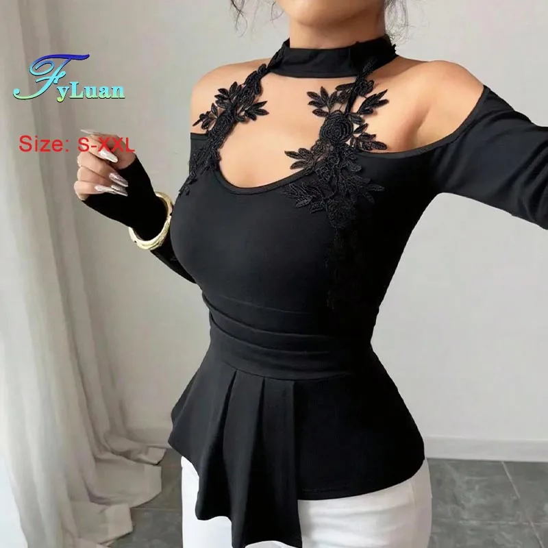 Outono inverno novas camisetas femininas pretas topos sexy oco fora do ombro manga longa topos friso bainha emagrecimento senhora topos
