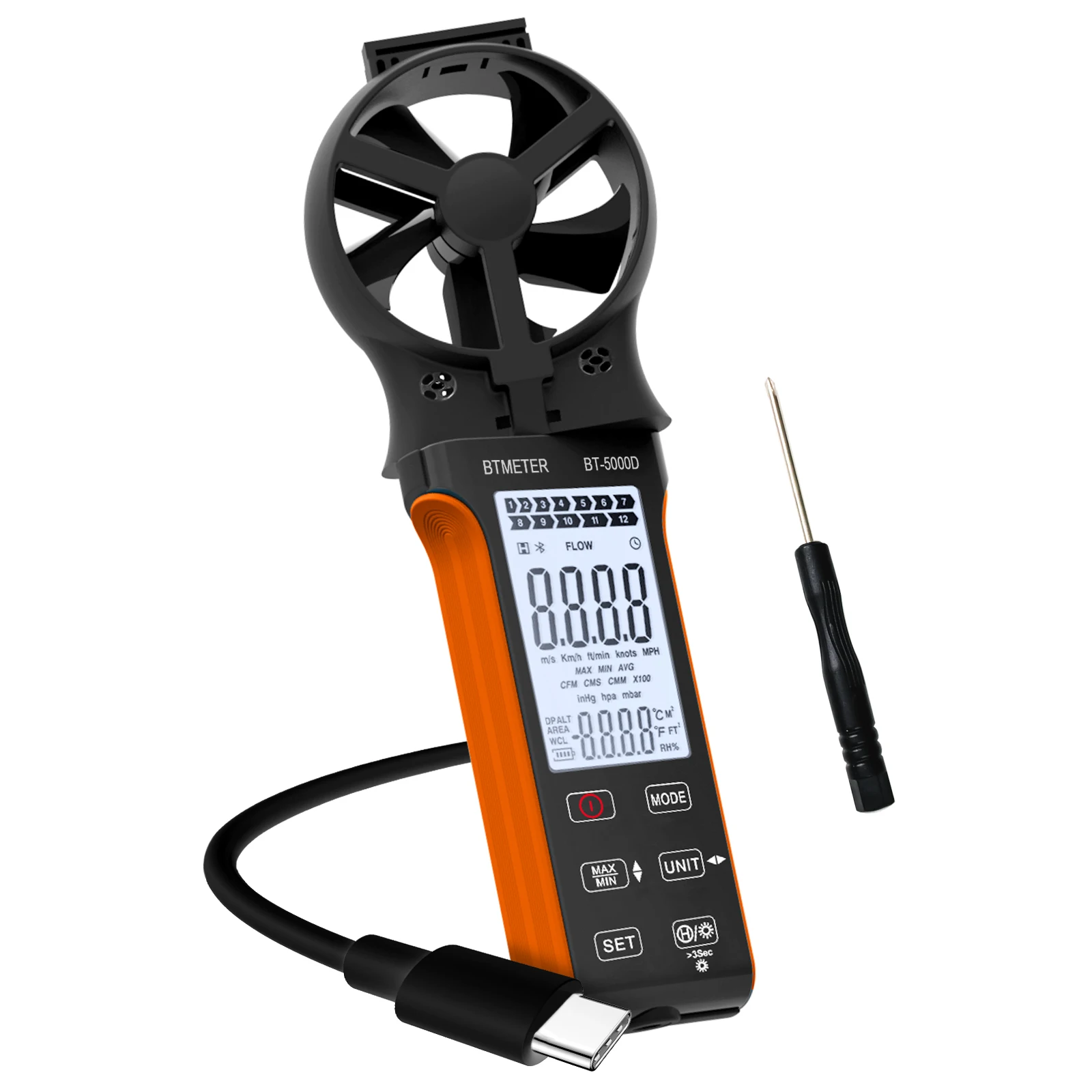 BTMETER Handheld Anemometer,CFM Wind Speed Meter,HVAC Rotatable Wind Air Flow Velocity Wind Volume,Rechargeable Gauge,BT-5000D