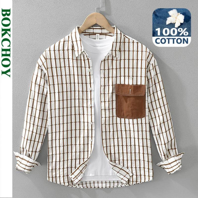 2024 Autumn New Vintage Patchwork Plaid Shirts for Men Clothing Long Sleeve Cotton Big Pockets Soft Men Shirts CM7335