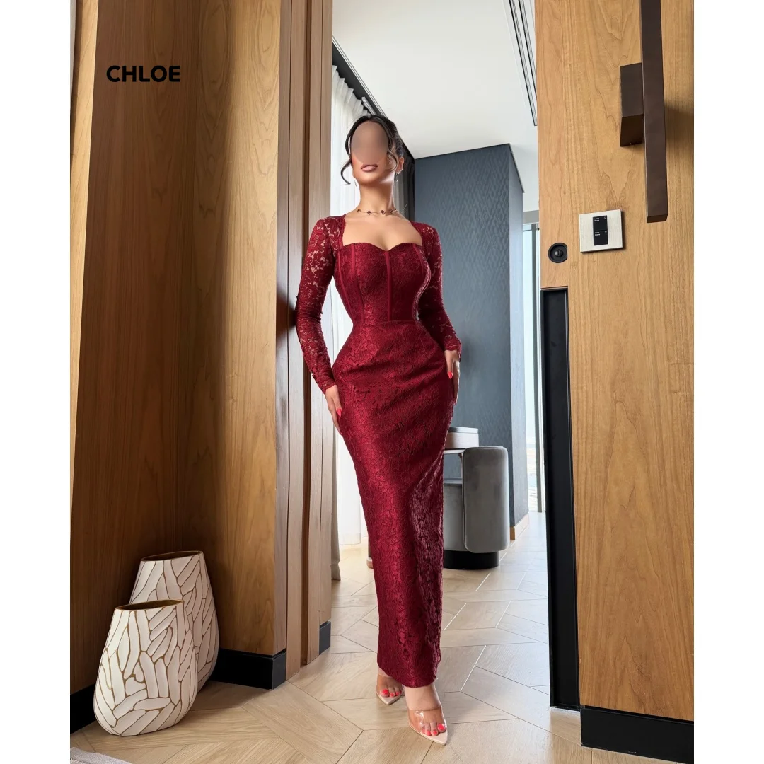 

Long Sleeves Elegant Evening Dresses for Woman Luxury Elegant Party Dresses for Special Occasions Square Collar Customized Red