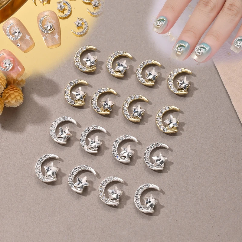 10pcs Star Moon Nail Charms Gold Silver Luxury Diamond-encrusted Rhinestones Nails Art Decoration DIY Alloy Manicure Accessories