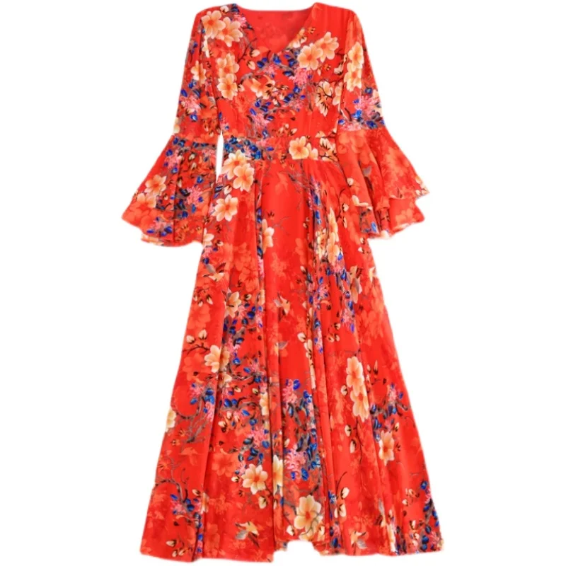 الأزهار طباعة ماكسي الدكتور المرأة الصيف جديد Sle واسعة تنحنح تنورة طويلة غطاء البطن V-Ne عالية الخصر جرس Sve ألف خط ثوب