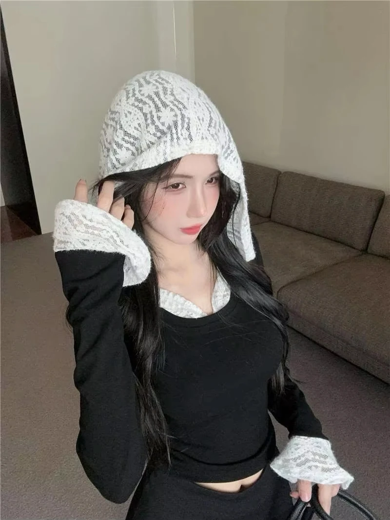 Y2k Spitze Patchwork Mit Kapuze Tops Mujer Lange Ärmeln Schwarz T-shirt Für Frauen 2025, Sommer Mode Neue Slim Fit T-shirt