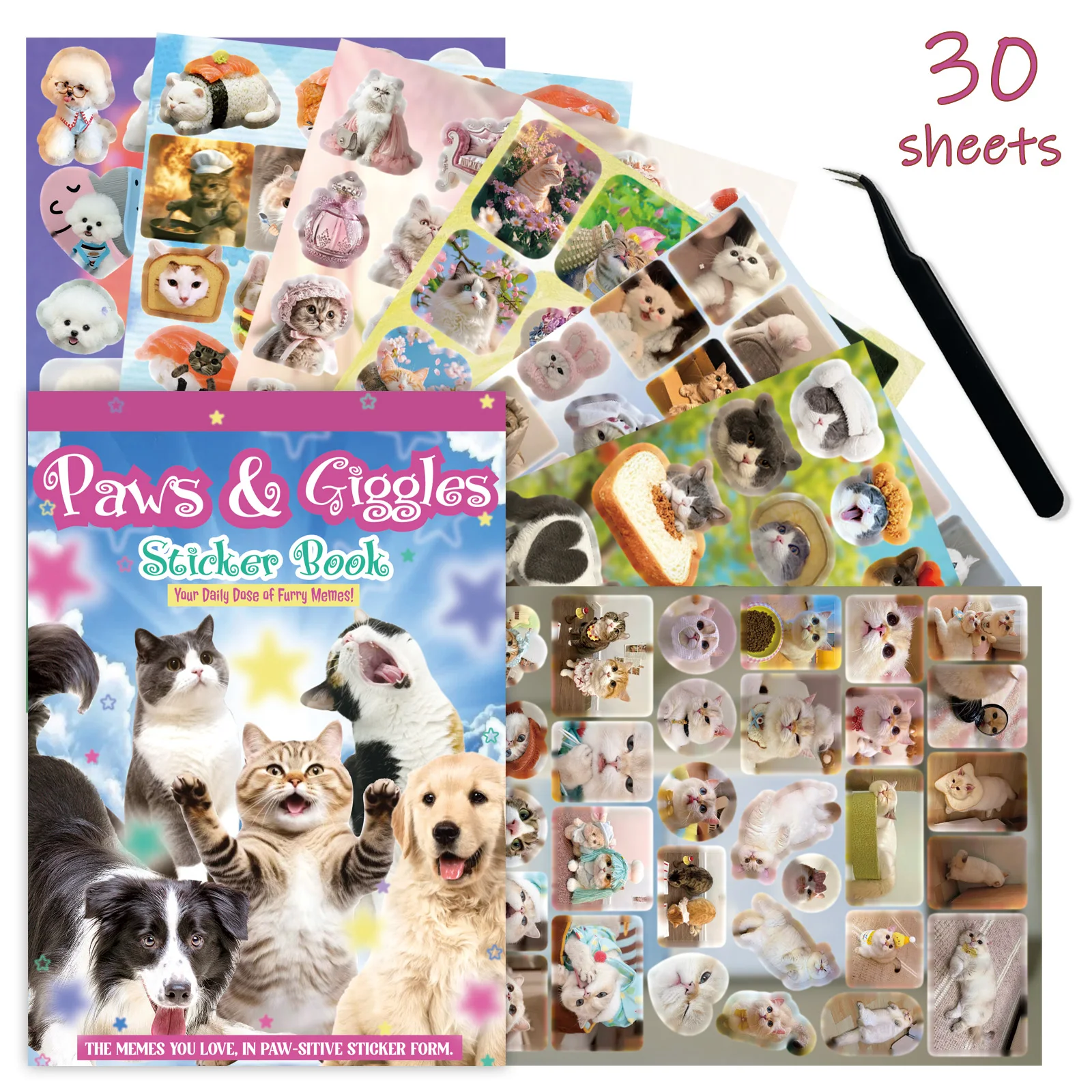 30 Sheets Cute Cartoon Cat Dog Sticker Books, Cut-Out Coil Sticker Book DIY Handbook Calendar Greeting Cards Diary Notebook