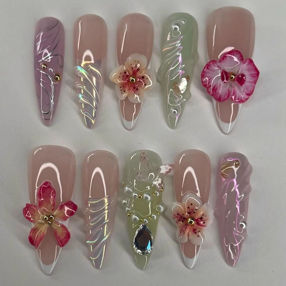 

3D Stiletto Flowers Press On Nails Art Party Sticker Auroral Butterfly Pearl French Nude Handwork Full Cover Fake Nail Stickers