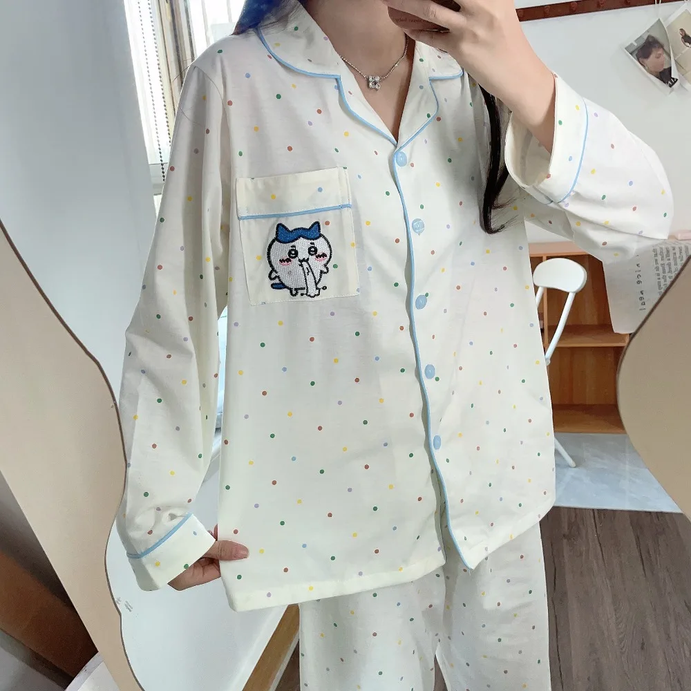 New Chikawa Colored Polka Dots Hachiware Anime Kawaii Sleepwear Womens Spring Autumn Pure Cotton Thin Long Sleeved Home Suit Set