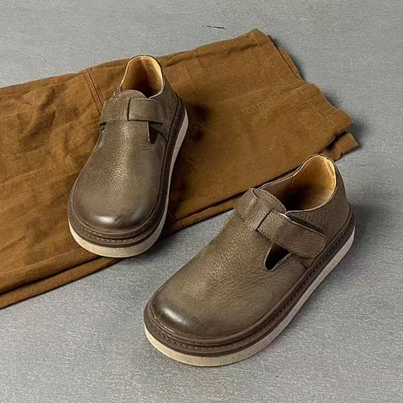 Mocasines de piel auténtica con suela gruesa para mujer, zapatos planos de piel de vaca Retro