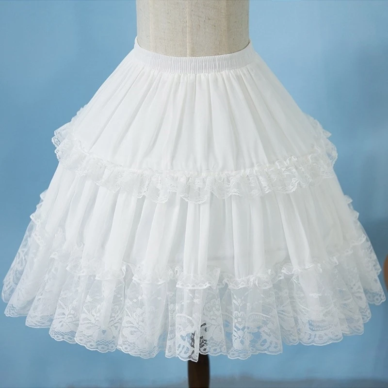 Womens Elastic Waist 2 Hoop Petticoat Ruffle Lace Short Half Slip Underskirt