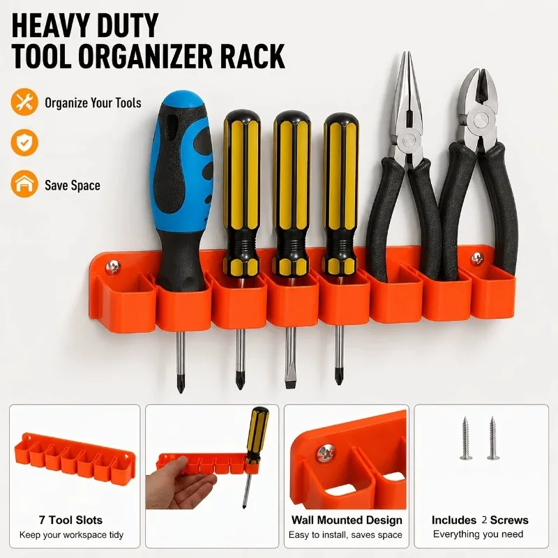 Plastic Wall‑Mount Tool Holder 7‑Slot Screwdriver Pliers Storage Rack Garage Workshop Hardware Tool Organizer Storage Bracket