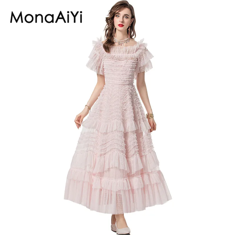 MonaAiYi Fashion Summer Women's Ball Gown Dress Butterfly sleeve Tiered Ruffles Backless Mesh Bohemia Mixi Dresses