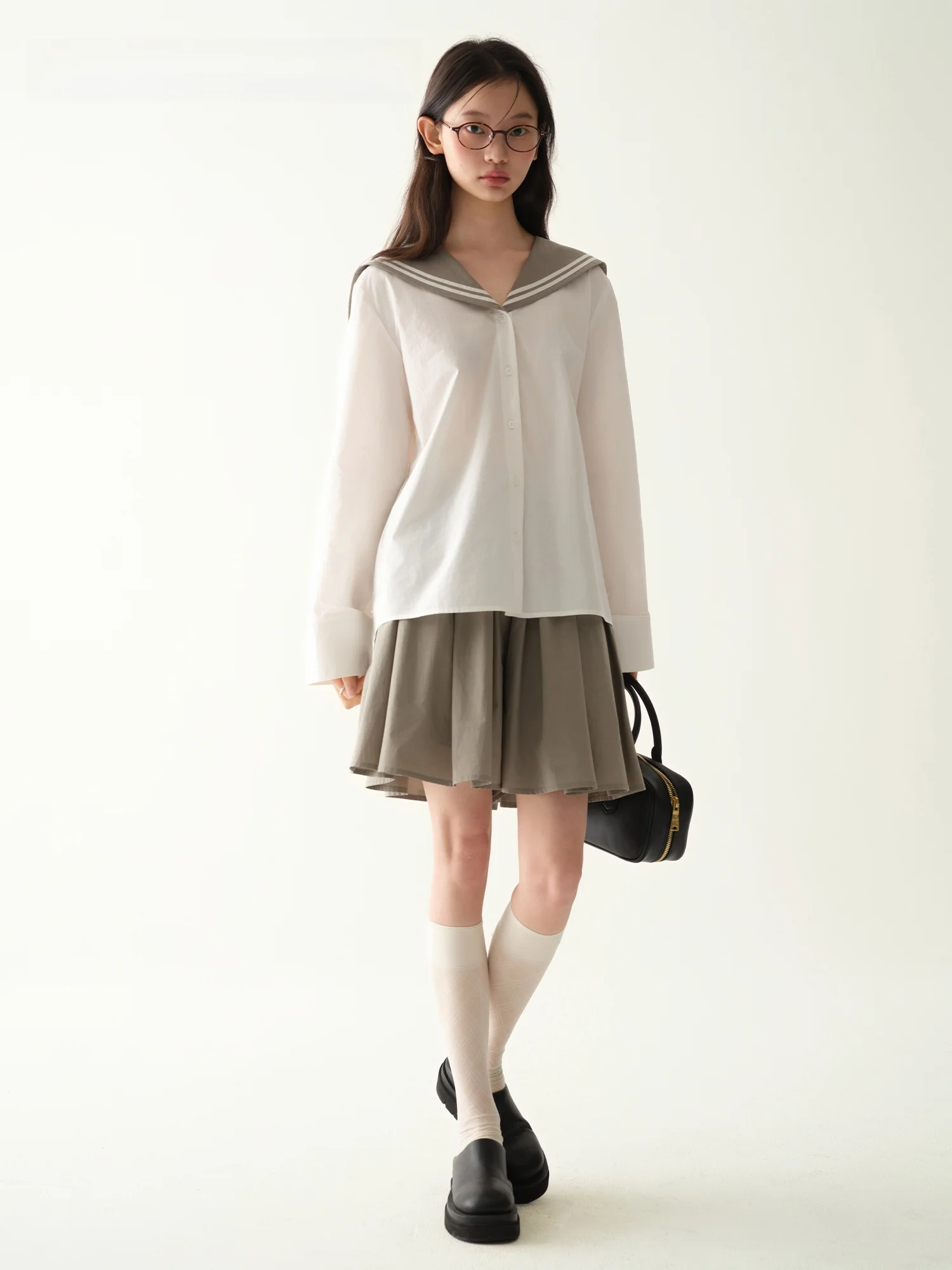 

Babymoon Loose Fit Cotton Long Sleeve Shirt Navy Collar Short Length Pleated Skirt Pants Women's Original Design Boutique