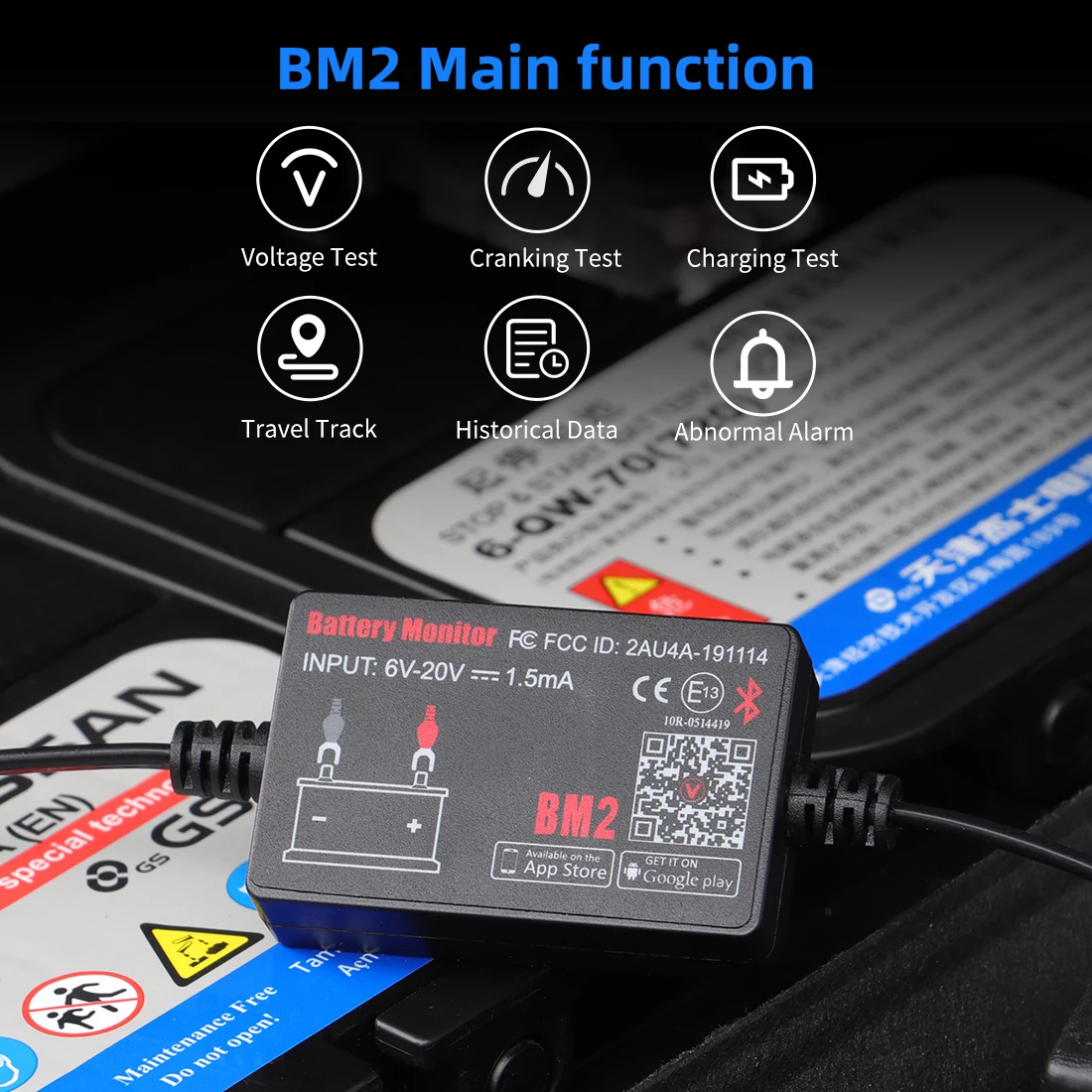 QUICKLYNKS BM2 Bluetooth 12V Car Battery Monitor Charging Cranking Voltage Test Lead-acid Battery Tester Motor Analyzer Tool