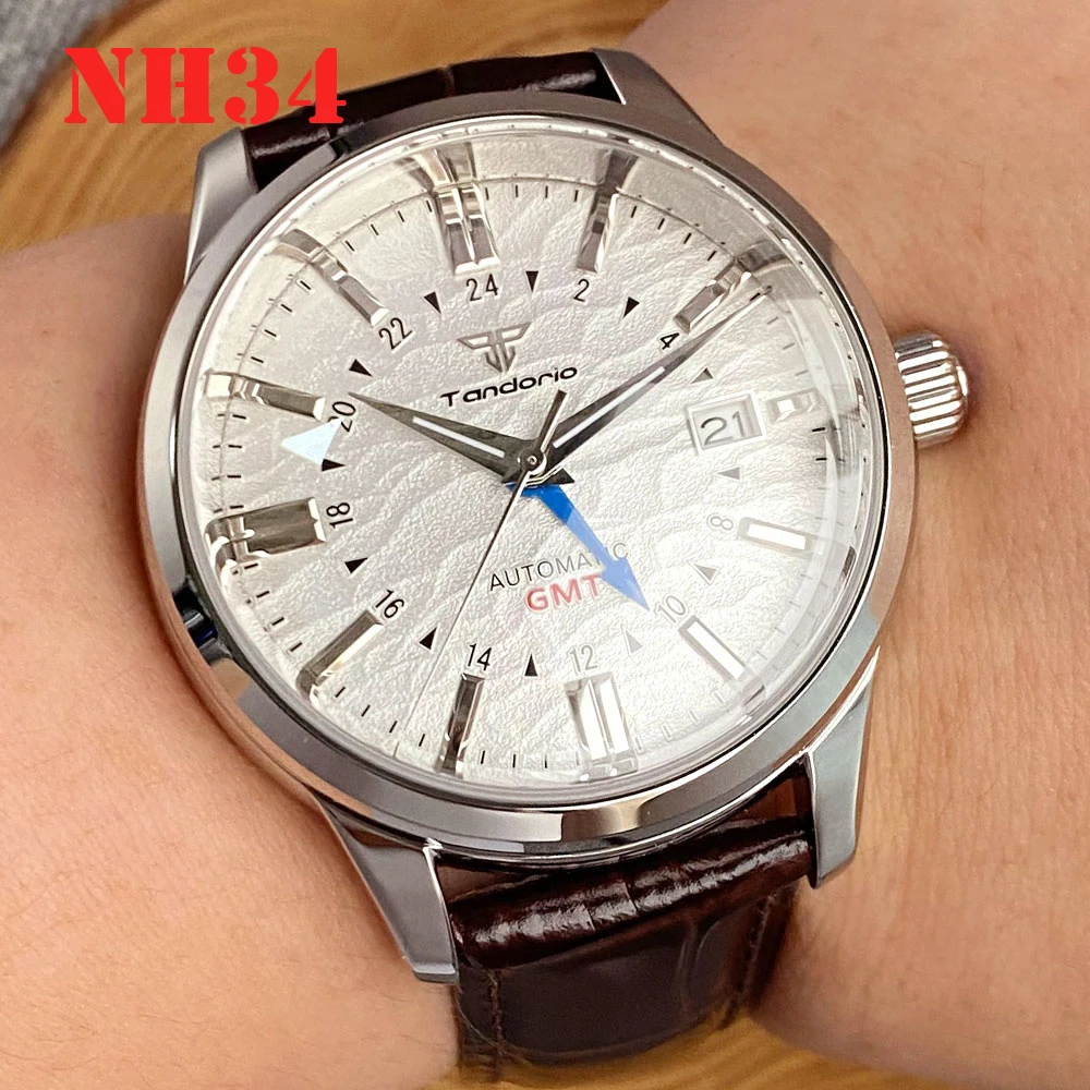 

NH34 GMT Cream Dive Automatic Watch Men Silver Hand Dome Sapphire Crystal Tandorio Sport Wristwatch Glass Back Elegance Rejor