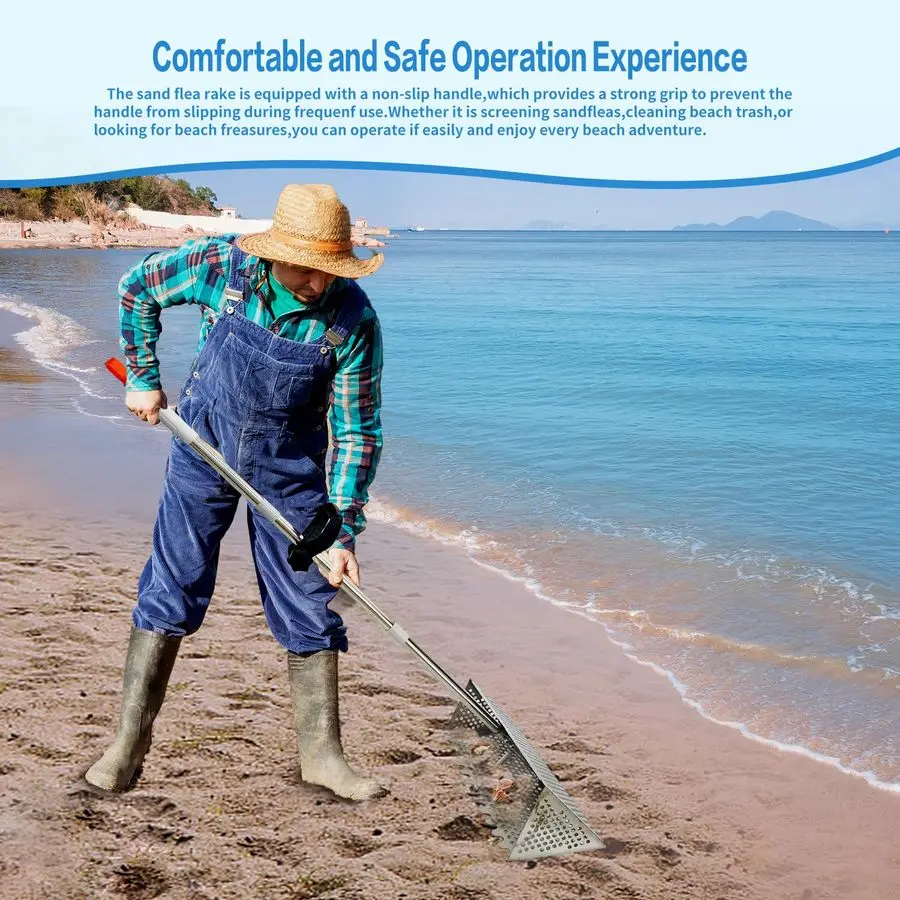 Flea Rake, Detachable Long Handle Sand Sifter for The Beach, The Shark Tooth Screen Comes with a 16in Wide Drain Screen with a 5