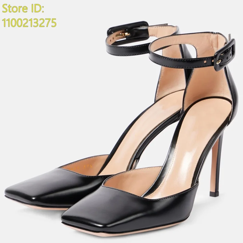 Polished Black Leather Pumps Stiletto Thin High Heel Ankle Buckle Strap Cover Heel Fashion 2024 Autumn Winter Women Dress Shoes