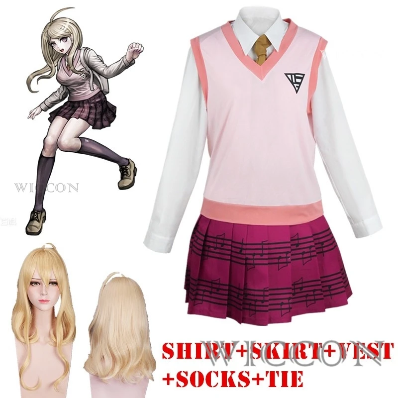 게임 Danganronpa V3 Kaede Akamatsu 코스프레 코스튬 가발, 여성 셔츠 조끼 스커트 양말, 소녀 JK 교복 할로윈 의상