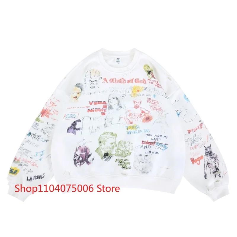 Art Graffiti White Crewneck Sweatshirt Hole Distressed Unisex Casual Streetwear Sportswear