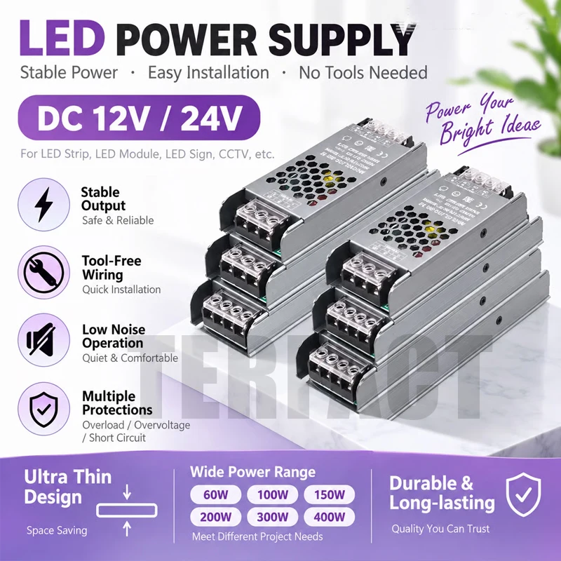 12V 24V 60W 100W 150W 200W 300W 400W Transformer Power Supply 110V 220V 230V AC to 12 24 Volt DC LED Strip Light Bulb LED Driver