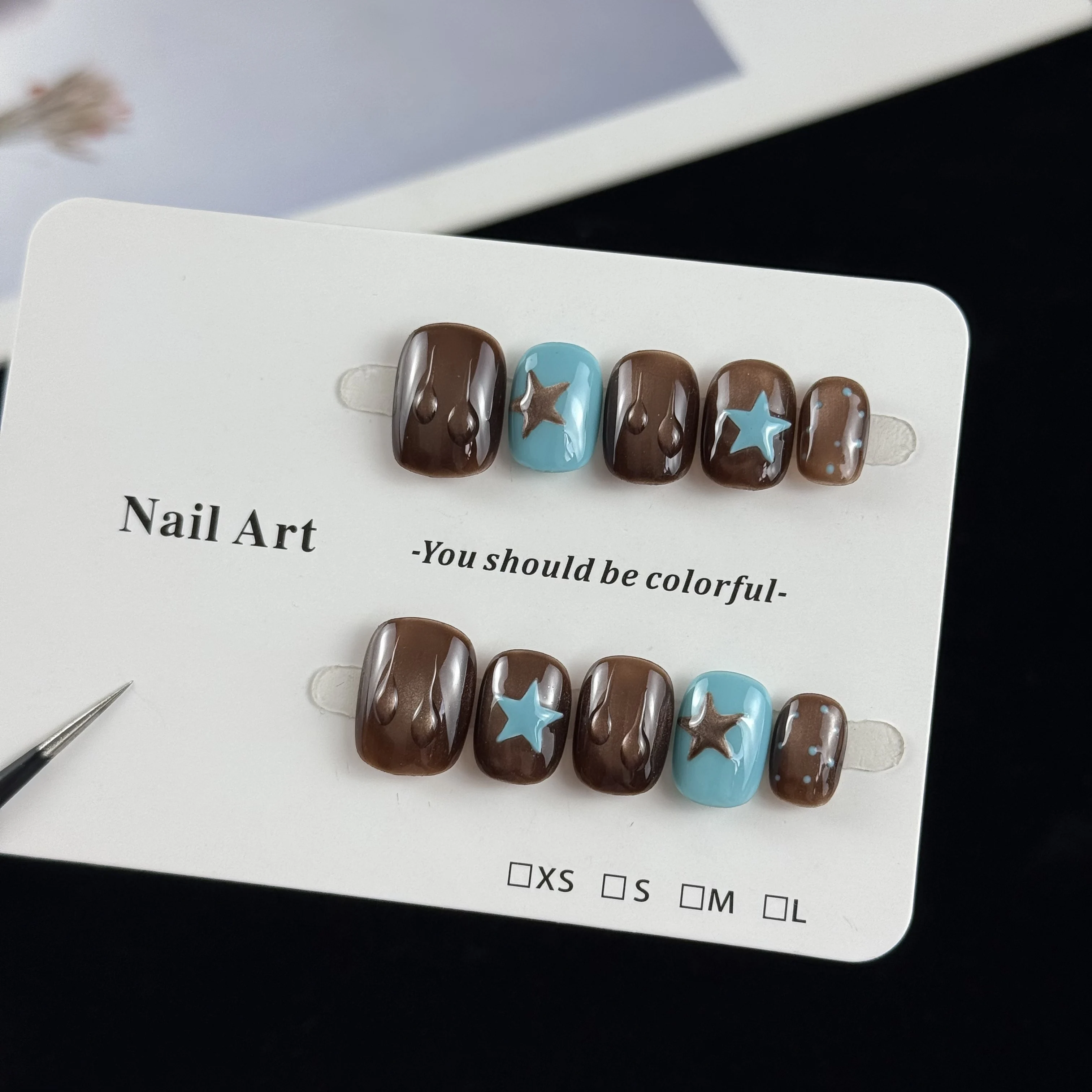 10pcs high-end Fashionable niche marbled color scheme, hand-painted stars, dazzling brown cat eyes handmade fake nails