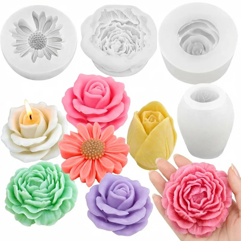 4Set of flower silicone molds，3D3D Flower Silicone Mold，Daisy、Peony、Rose、Tulip，Easy to demold，ApplicableDIYCandle、Soap、Epoxy res