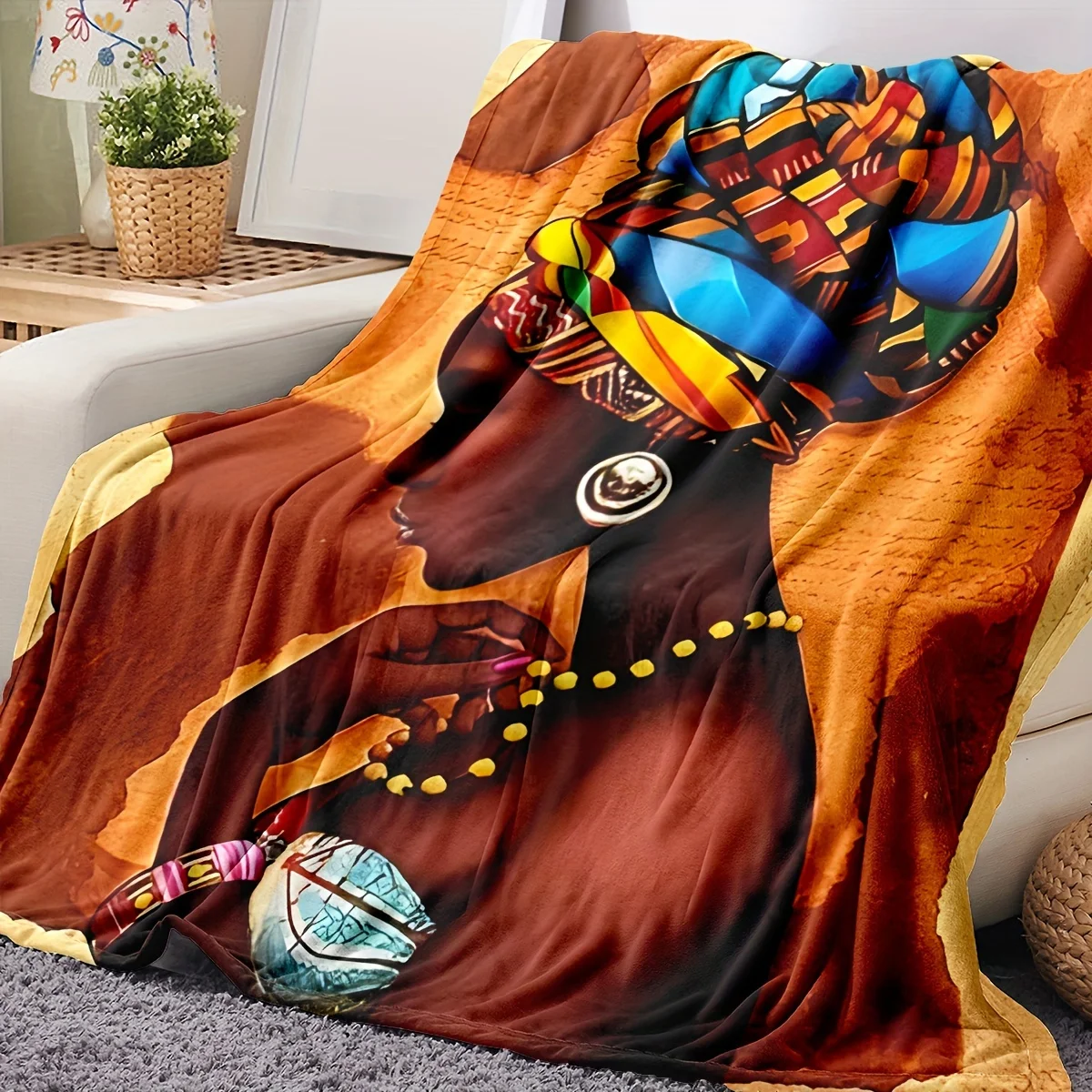 

African Woman Flannel Blanket – Vibrant Soft Throw – Multi-Purpose for Couch Bed Camping – Warm Stylish Home Decor