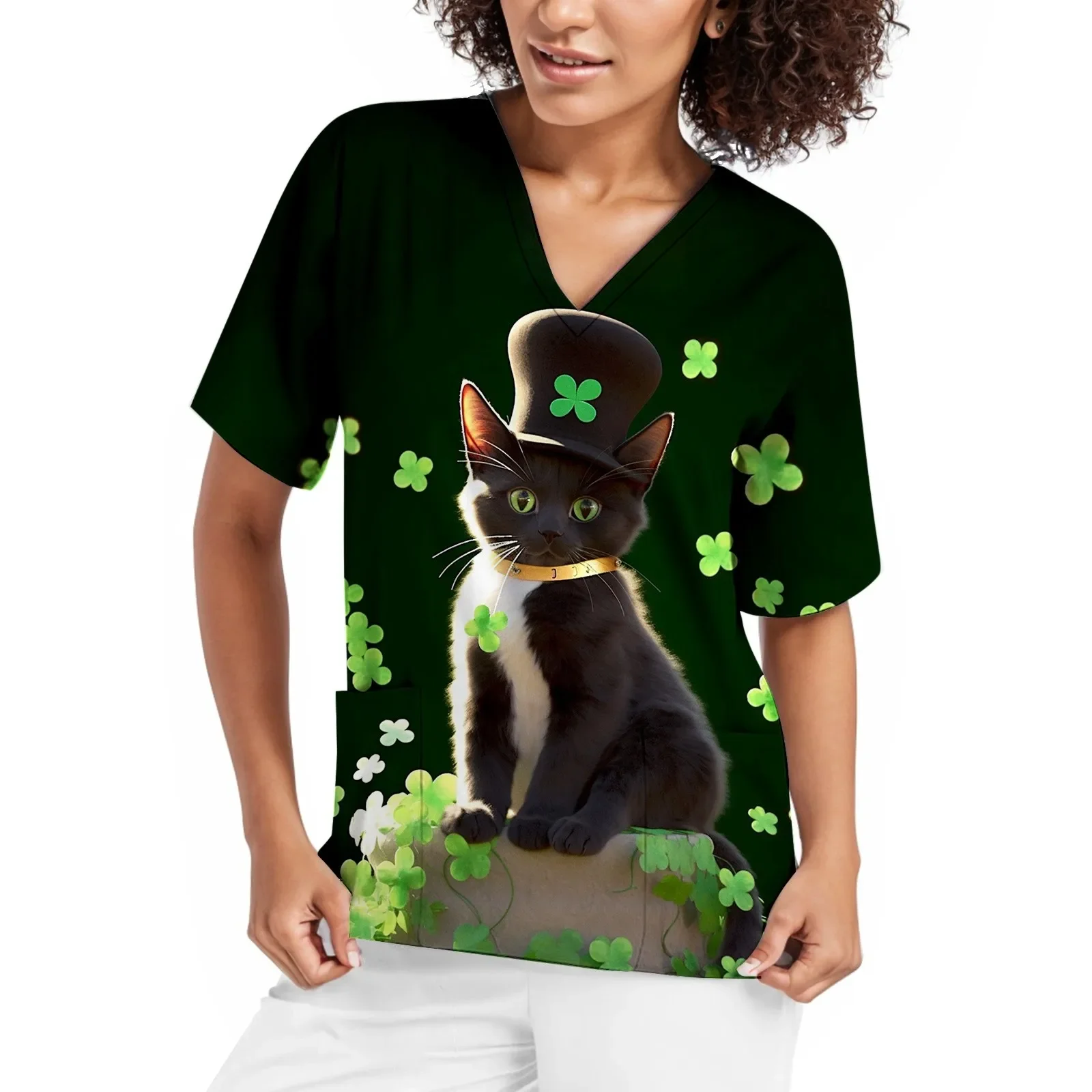 St Pat's Women Working Uniform Animal Print Cartoon Cat Short Sleeve V-neck Tops Femme Blouse Nurse work wear Medical Uniforms