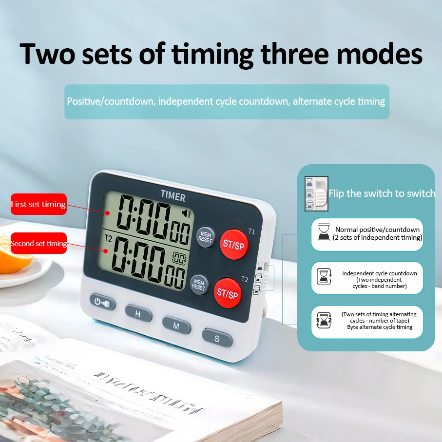 Digital Kitchen Timer 3 Storage Memories Timer Dual groups Independent/Alternating cycle timing Alarm Clock Mute Flashing Timer