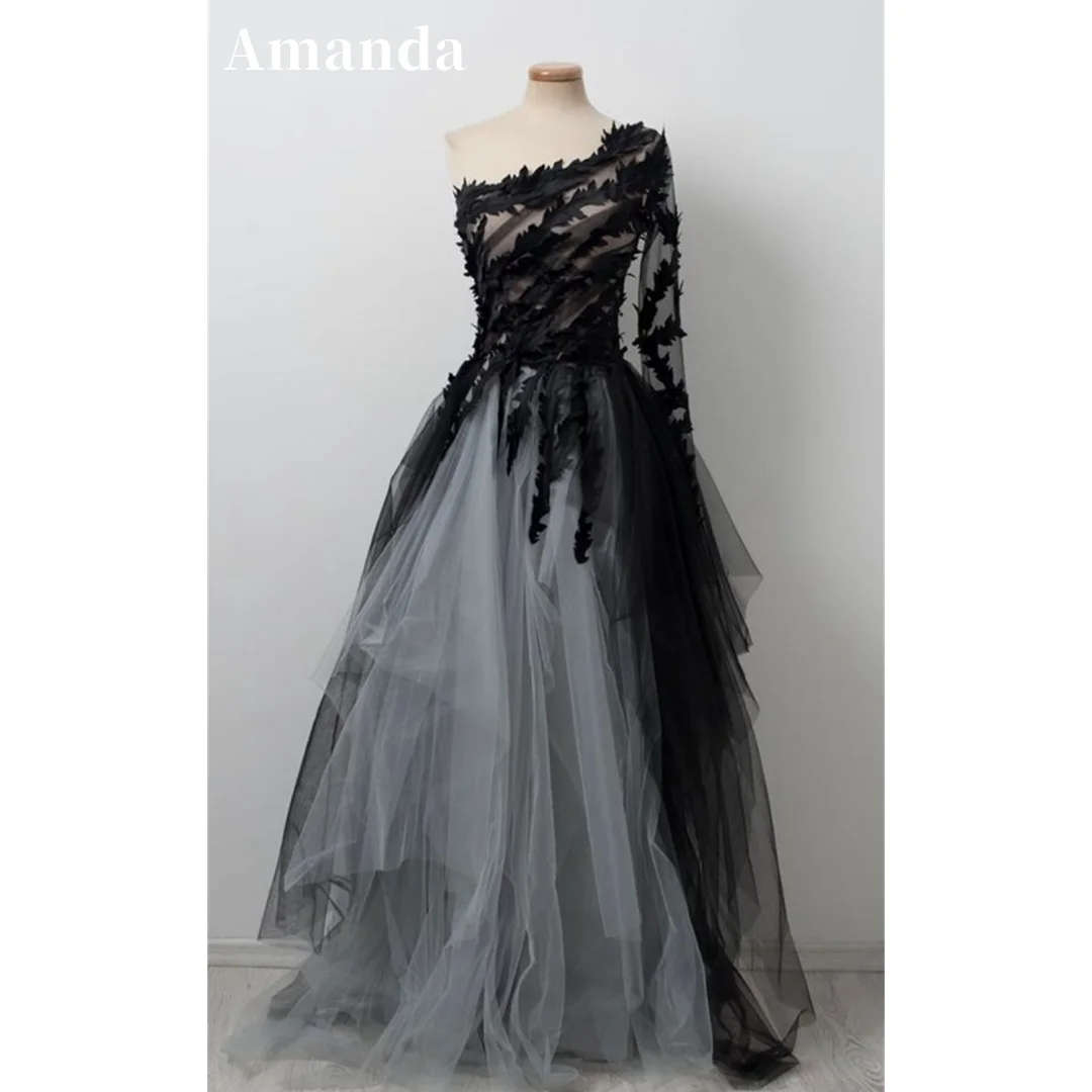 Amanda Luxury Black vestidos de noche Lace Embroidery Prom Dresses Elegant Long Sleeves Floor-Length A-line Formal Evening 2024