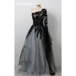 Amanda Luxury Black vestidos de noche Lace Embroidery Prom Dresses Elegant Long Sleeves Floor-Length A-line Formal Evening 2024