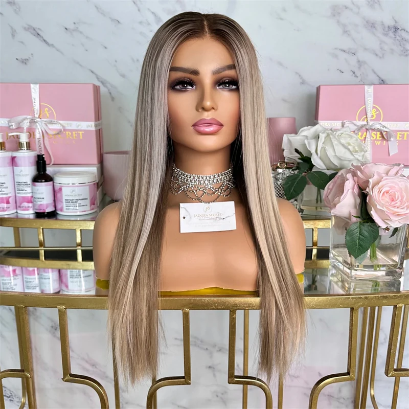 

Heat Resistant Fiber Wig Ombre Ash Blonde Synthetic HD Lace Front Wig Natural Blonde Wig Preplucked Hairline Long Straight Wig